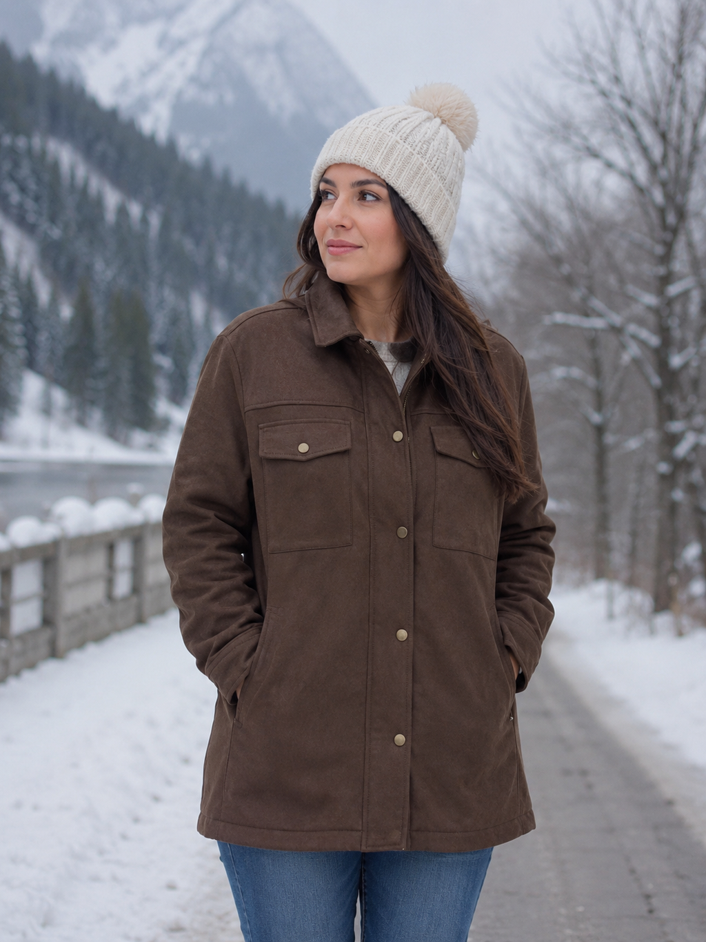 Women's Vintage Faux Suede Winter Jacket – Warm Cargo Style Utility Coat