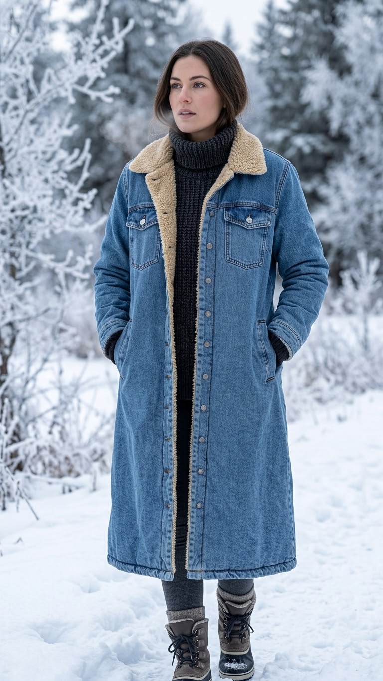 Women's Long Sherpa Lined Denim Trench Coat - Warm Winter Jean Jacket