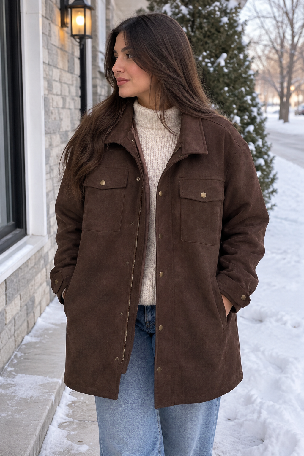 Women's Vintage Faux Suede Winter Jacket – Warm Cargo Style Utility Coat