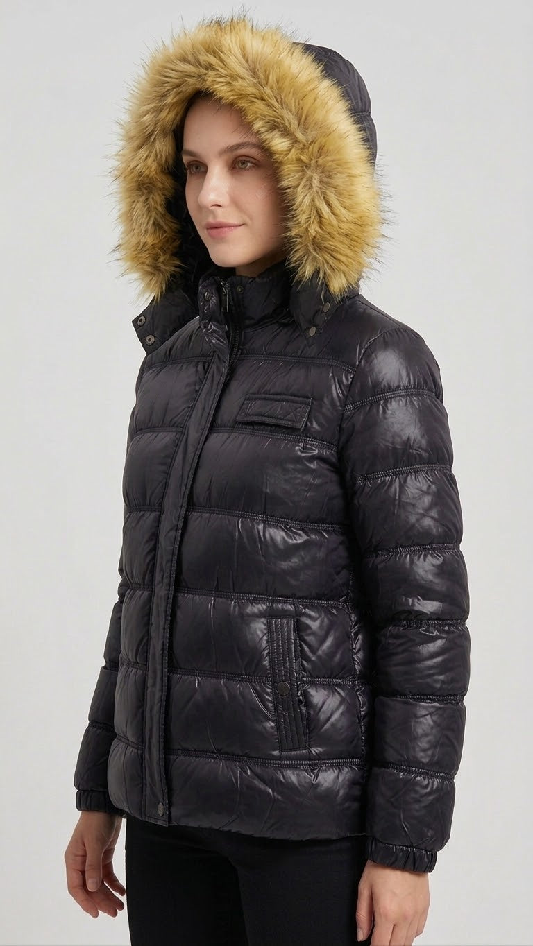 Women's Black Puffer Jacket with Luxurious Faux Fur Hood
