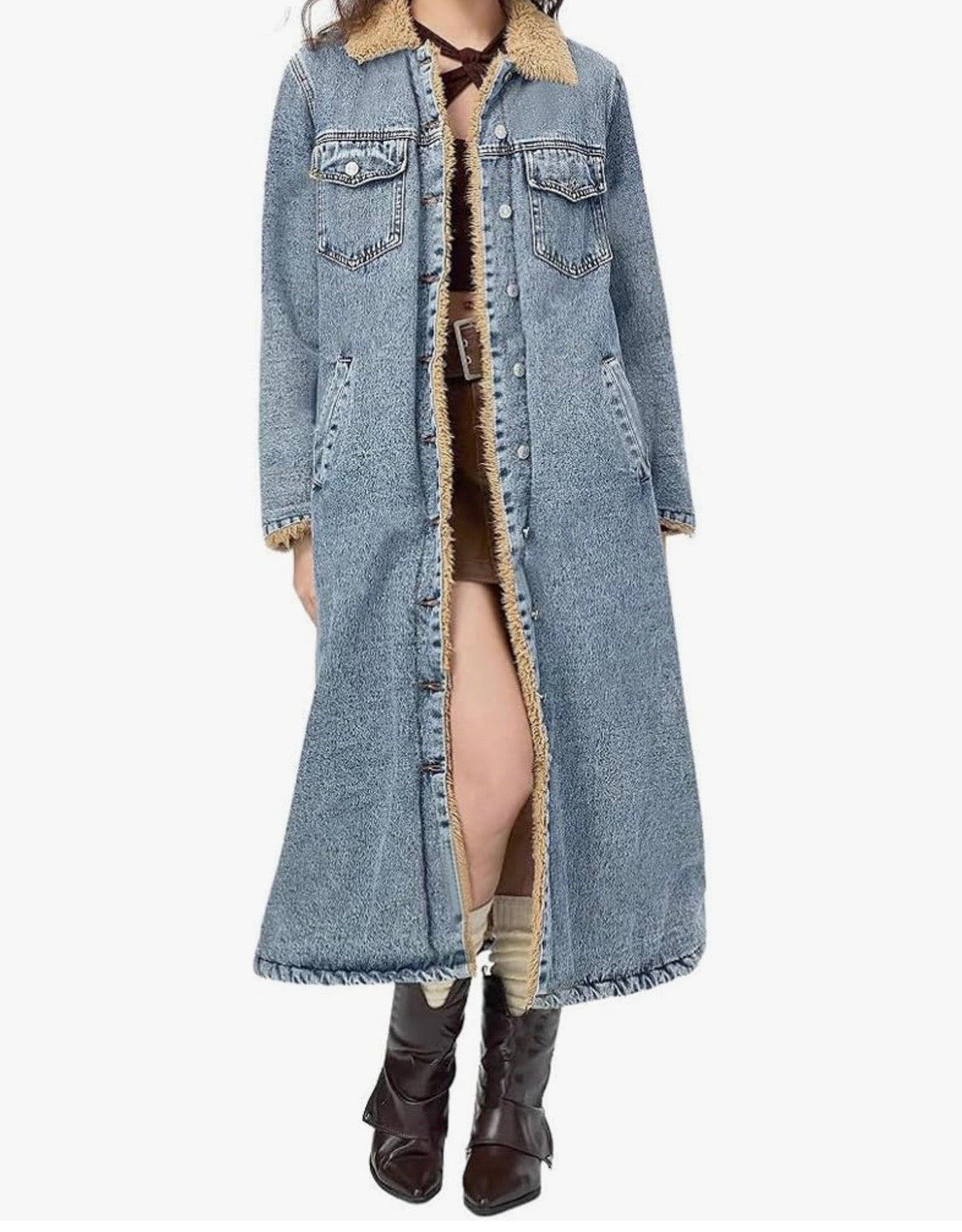 Women's Long Sherpa Lined Denim Trench Coat - Warm Winter Jean Jacket