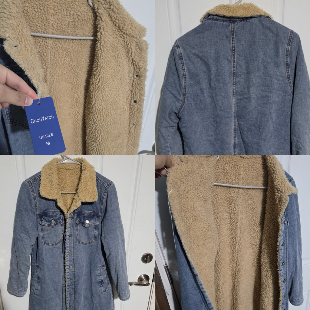 Women's Long Sherpa Lined Denim Trench Coat - Warm Winter Jean Jacket