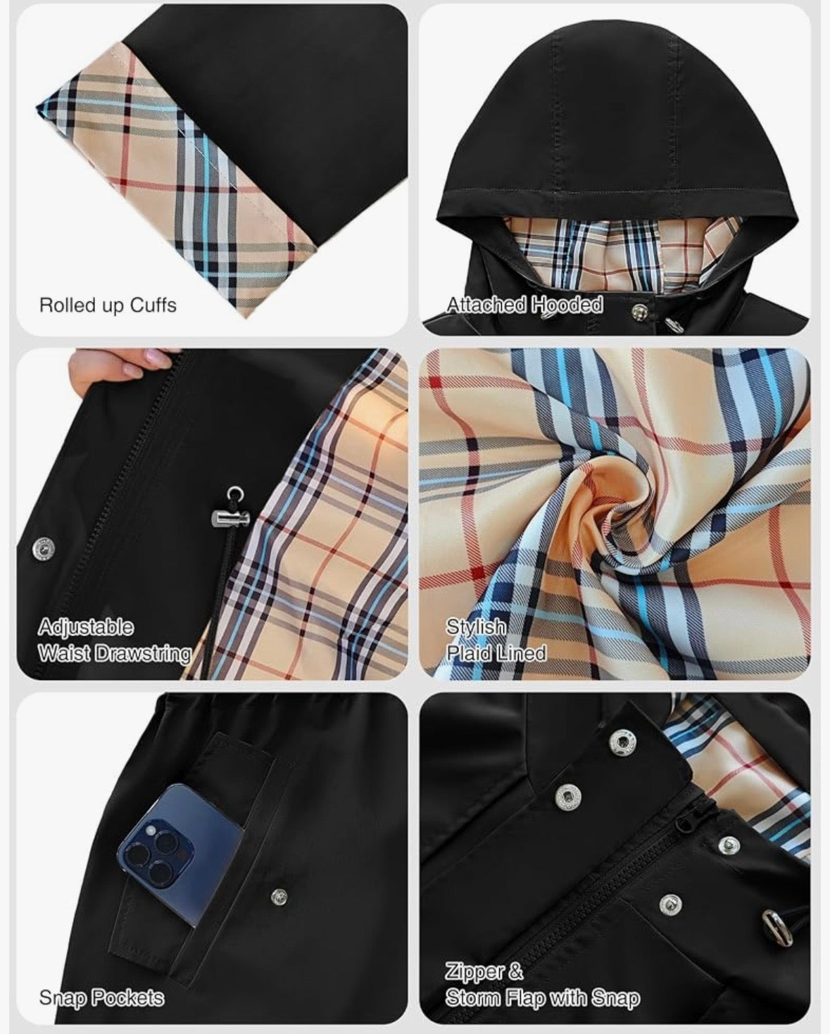 Women’s Lightweight Waterproof Raincoat with Hood & Classic Plaid Lining