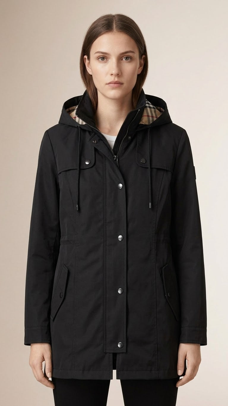 Women’s Lightweight Waterproof Raincoat with Hood & Classic Plaid Lining