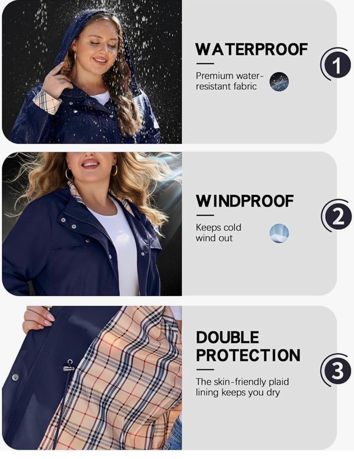 Women's Waterproof Lightweight Hooded Rain Jacket – Plaid Lined Windbreaker