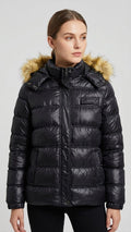 Women's Black Puffer Jacket with Luxurious Faux Fur Hood