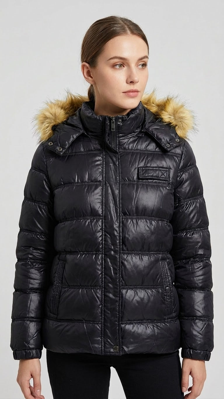 Women's Black Puffer Jacket with Luxurious Faux Fur Hood